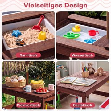 Costway Drveni dječji piknik stol i klupe s crvenim suncobranom