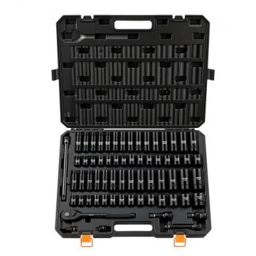 VEVOR Set udarnih nasadnih ključeva 65 komada 1/2" pogon 6-kutni SAE 3/8" do 1-1/4" metrički 10-24 mm s kutijom za pohranu
