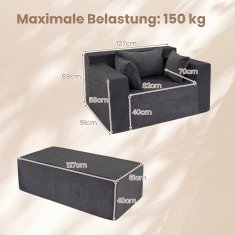 Costway Jednosjedna pjena sofa s otomanskim podnim ležaljkom i jastucima, siva