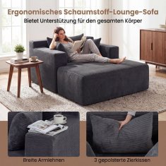 Costway Jednosjedna pjena sofa s otomanskim podnim ležaljkom i jastucima, siva