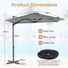 Northix 290 cm sivi konzolni suncobran s postoljem i rotacijom od 360°