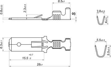 Mo Dugi umetnuti poklopac 6,3x0,8 1,0-2,5 GB0,38 L28,0 300 komada
