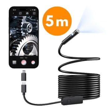Netscroll Endoskopska kamera za mobitel s kabelom od 5 m, HD slikom i 8 LED svjetala, EndoCam