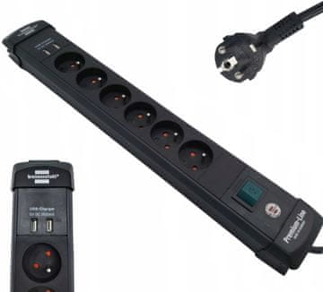 Brennenstuhl Produžna utičnica 6 utičnica 3m 2xUSB H05VV-F3G1.5 crna Premium-Line