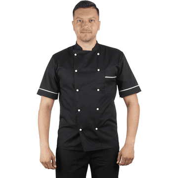 Nikcorp Kuharska bluza unisex crna kratki rukav profesionalna za ugostiteljstvo gumbi džepić na prsima elegantna klasična udobna za catering i ugostiteljske škole veličina XXL