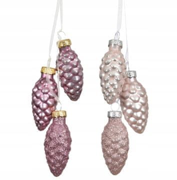 Kaemingk Set od 3 staklene božićne kuglice, ružičasti češeri, privjesci, 2,5x6 cm