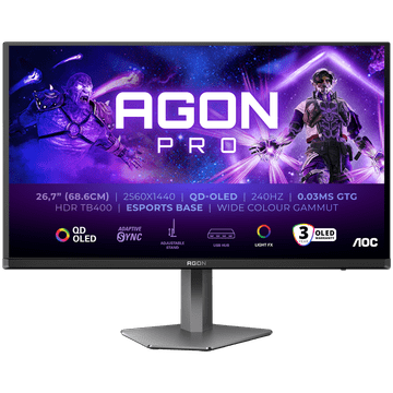 AOC AGON PRO AG276QZD2 gaming monitor - 67.8cm (26.7"), QHD (2560 x 1440), QD-OLED, 240Hz, 0.03ms (GTG), Adaptive Sync, HDR400, USB hub, 2x HDMI 2.0, 2x DP 1.4