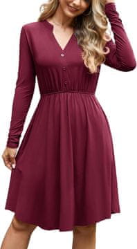 Nikcorp Ženska midi haljina A-line kroja s dugim rukavima, V izrezom i džepovima, rastresita casual elegantna, bordo boja, veličina S, 92% viskoza 8% elastan, za jesen, dnevne i večernje kombinacije