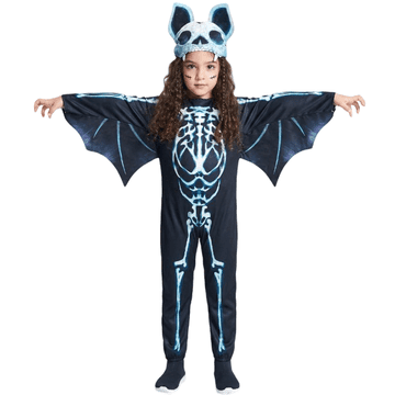 Nikcorp Dječji kostim kostur šišmiš za djevojčice 128 cm, set kombinezon s kapom i krilima za Halloween, karneval i maskenbal, elastični poliester, crna boja s bijelim otiskom kostura, za djecu 7-8 godina