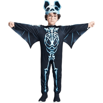 Nikcorp Dječji kostim kostur šišmiš za Halloween 128 cm, set kombinezon s kapom i odvojivim krilima, crni kostim s otiskom kostura za djecu 7-8 godina, za maskenbal, karneval i tematske zabave, elastičan