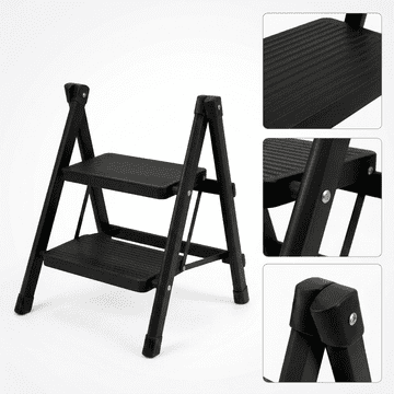 Nikcorp Sklopive čelične ljestve s 2 gazišta, kućne višenamjenske ljestve nosivosti do 150 kg, protuklizne, kompaktne za pohranu, dimenzije 60 x 42 x 31 cm, crne, idealne za dom, ured i radionicu