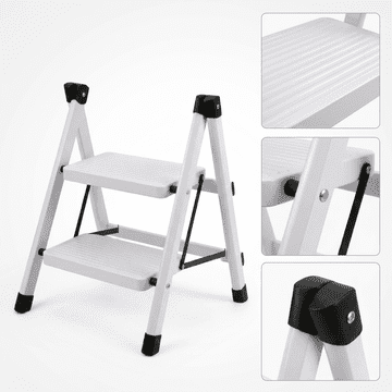 Nikcorp Sklopive čelične ljestve s 2 gazišta, kućne ljestve nosivosti do 150 kg, protuklizne, bijele, kompaktne za pohranu, dimenzije 60x42x31 cm, idealne za dom, ured i radionicu, čvrsta i stabilna