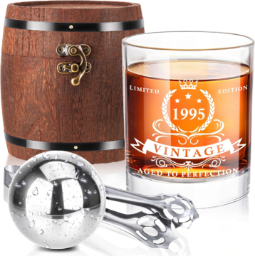 Nikcorp Set za viski 1995 Vintage poklon za tatu, kristalna čaša 350 ml, elementi za hlađenje i hvataljke od nehrđajućeg čelika, luksuzna poklon kutija, elegantan set za degustaciju bourbona i konjaka