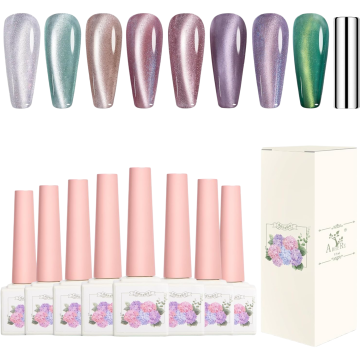 Nikcorp Set 8 hibridnih lakova za nokte Cat Eye, efekt zvjezdanog sjaja, 12 ml po bočici, UV i LED kompatibilni, dugotrajni do 21 dan, formula na bazi prirodne smole, uključuje magnet za profesionalnu