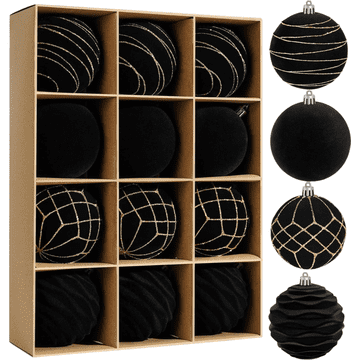 Nikcorp Božićne kuglice baršunaste crne 12 kom 8 cm set za bor, ukrasne kugle s flokiranom teksturom, otporne na lomljenje, elegantne dekoracije za božićno drvce, prozore i blagdanske vijence, crna boja