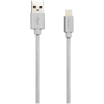 Canyon MFI-3, MFI pleteni kabel za punjenje i sinkronizaciju s metalnim kućištem, USB na Lightning, Apple certificiran, duljina kabela 1m, promjer 2,8 mm, biserno bijeli.