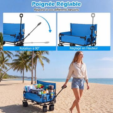 Costway Sklopivi plažni kolica 2-u-1 klupa transportna kolica s podesivom ručkom plava