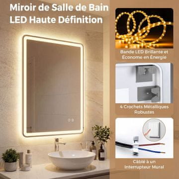 Costway LED kupaonsko ogledalo 80x60 cm pravokutno s 3 temperature boje i funkcijom protiv magljenja