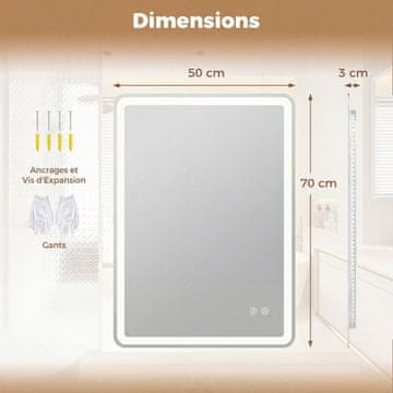 Costway LED kupaonsko ogledalo 70x50 cm pravokutno eksplozijski otporno kaljeno staklo s 3 temperature boje i protiv magljenja