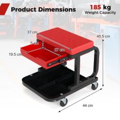 Costway Pokretna stolica za radionicu s ladicom, nosivost 185 kg, crvena