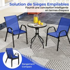 Costway 3-dijelni vrtni bistro set okrugli stol s 2 složive stolice plave boje s kaljenim staklenim vrhom