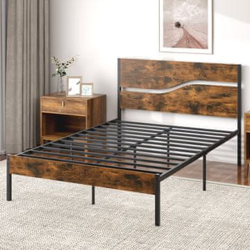 Costway Okvir kreveta 140x200 cm rustikalno smeđi s metalnom bazom i drvenim uzglavljem