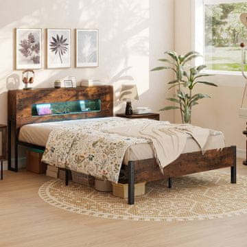 Costway Okvir kreveta 200x140 cm rustikalno smeđi s LED svjetlima i spremištem u uzglavlju