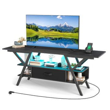 Costway TV stalak za televizore do 65 inča, troetažni zabavni centar s LED svjetlima, crni