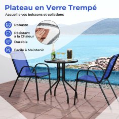Costway 3-dijelni vrtni bistro set okrugli stol s 2 složive stolice plave boje s kaljenim staklenim vrhom