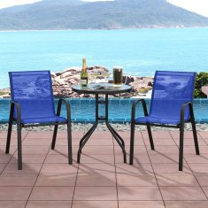 Costway 3-dijelni vrtni bistro set okrugli stol s 2 složive stolice plave boje s kaljenim staklenim vrhom