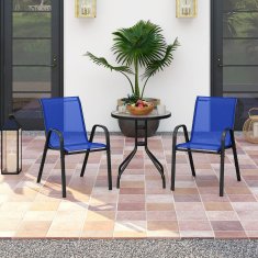Costway 3-dijelni vrtni bistro set okrugli stol s 2 složive stolice plave boje s kaljenim staklenim vrhom