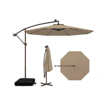 Costway Viseći pomični suncobran 300 cm s 40 LED svjetala i solarnim baterijama, kava