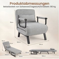 Costway Fotelja na razvlačenje 1-sjedalo 3-u-1 sofa krevet svijetlo siva