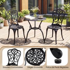 Costway 3-dijelni bistro set od lijevanog aluminija za balkon s rupom za suncobran i naslonima za leđa s motivom leptira