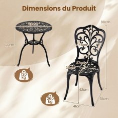 Costway 3-dijelni bistro set od lijevanog aluminija za balkon s rupom za suncobran i naslonima za leđa s motivom leptira