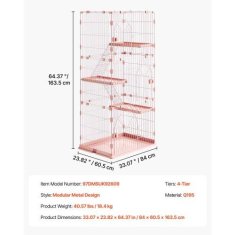 VEVOR Kavez za mačke 4-nivoa 84x60.5x163.5 cm Roza