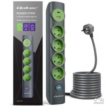 slomart Qoltec razdjelna letva | 4 utičnice, 1xUSB-C 15W, 1xUSB 12W | 1.8m