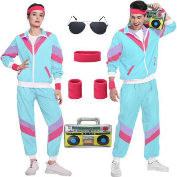 Nikcorp Retro kostim Halloween Lata 80 90 Unisex plavi 3XL kompletan set trenirka jakna hlače naočale traka za glavu 100% poliester elastični pas dvostruki bočni džepovi maskenbal pop art