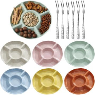 Nikcorp Plastični tanjuri za grickalice s 5 pregrada 23 cm set 6 komada šareni, uključuje 6 vilica za voće, pogodni za perilicu posuđa, slažu se u stog, za zabave, piknik i filmske večeri