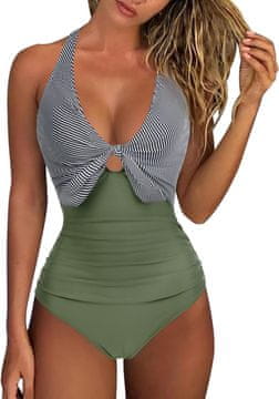Nikcorp Jednodijelni kupaći kostim push-up V-izrez, modelirajući kroj s naborima u struku, zelena boja, veličina S, 80% najlon 20% spandex, halter vezanje, otvoreni leđa, uklonjivi umetci, plaža i bazen
