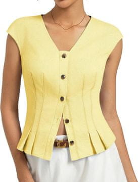 Nikcorp Ženska bluza V-neck kratki rukav cap sleeve s gumbima i plisiranim ukrasima, 95% pamuk 5% elastan, Casual Y2K stil, prozračna i elastična, strojno perivo, za ljeto, posao i izlaske, žuta, veličina S