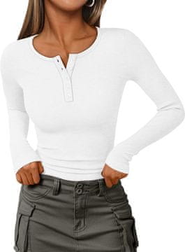 Nikcorp Ženska Henley bluza od rebrastog pletiva s podesivim izrezom, okrugli ili V-izrez, dugi rukav, elastična, slim fit, casual i elegantan stil za posao, spoj i vikend, bijela, veličina L