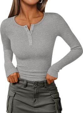 Nikcorp Ženska rebrasta bluza Henley Slim Fit dugi rukav od visokoelastične rebraste pletenine s podesivim okruglim ili V-izrezom i gumbima, casual i elegantan stil za posao i izlazak, siva, veličina XL