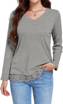 Nikcorp Ženska tunika dugi rukav mekana siva 2XL s čipkastim donjim rubom i V izrezom, ultra-soft tkanina, casual i elegantan stil, za proljeće, jesen i zimu, svakodnevno nošenje, izlazak i posao