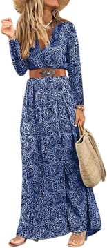 Nikcorp Duga ljetna haljina Maxi za žene plava s cvjetnim uzorkom boho stil prozračna 100% poliester duboki V-izrez kratki rukav visoki struk s remenom casual elegantna veličina XXL