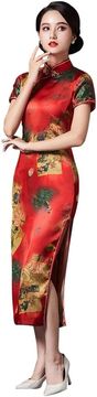 Nikcorp Ženska midi haljina cheongsam Qipao kineski stil crvena satenska poliester slim fit kratki rukav mandarin ovratnik bočni prorez za svečanosti i zabave veličina 48 EU