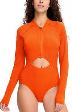 Nikcorp Ženski kupaći kostim rashguard s dugim rukavom UPF 50+ zaštita od sunca brzosušeći narančasti s životinjskim uzorkom izvadivi jastučići prednji patent-zatvarač za plivanje surfanje snorkeling 2XL