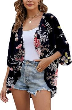 Nikcorp Ženski kimono od šifona s cvjetnim uzorkom, crni, ljetna prozračna bluza kimono, 3/4 rukav bell sleeve, boho casual stil, lagan i brzo se suši, veličina S, za plažu i ured