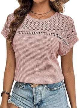 Nikcorp Ženska bluza s čipkom kratki cap sleeve rukav waffle pletivo saće tunika opušten kroj okrugli izrez crew neck ukrasni čipkasti umetci ružičasta veličina L svakodnevni i elegantni stil