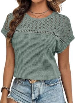 Nikcorp Ženska bluza s čipkom ljetna elegantna prozračna opuštena tunika pletivo strukture vafla okrugli izrez kratki rukav cap sleeve casual za proljeće i ljeto zelena veličina S za žene